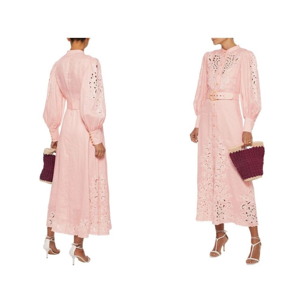 ZIMMERMANN 1 US 4 Pink Freja Belted Broderie Anglaise Linen Maxi Dress